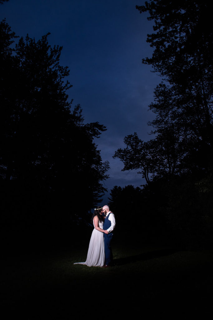 wedding bride and groom at night under the moon light